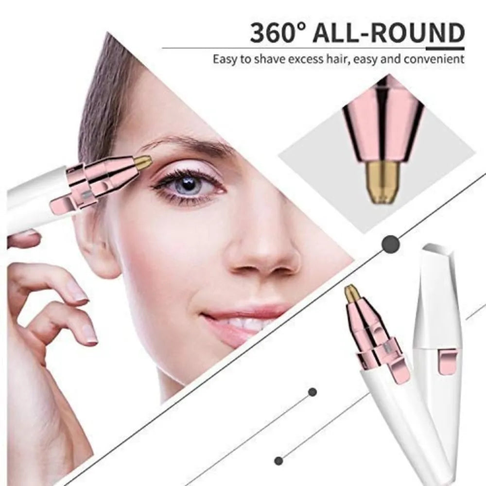 Rechargeable eyebrow and facial hair trimmer placed neatly with accessories for a clean and organized view.