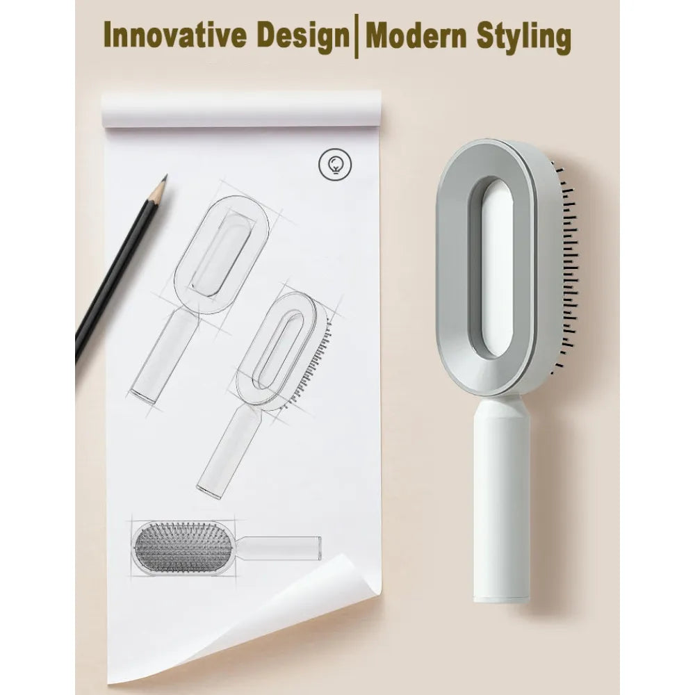 Top view of the hair brush emphasizing its 3D cushion design for flexibility and comfort.