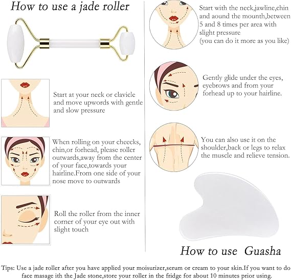 White Jade Roller and Gua Sha Set – Premium Skincare Tools for Relaxation, Detox, and Skin Brightening