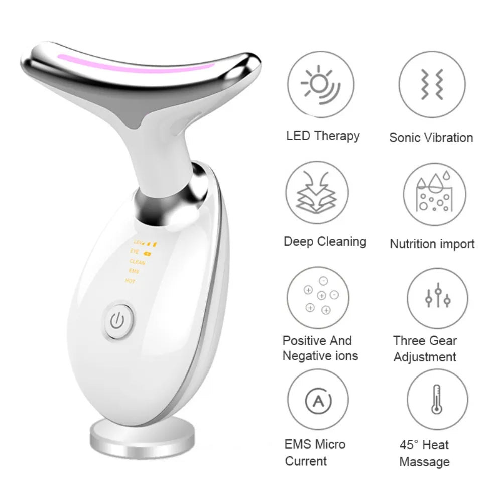 Woman using the skin lift device to reduce fine lines and tighten skin on her neck and face.