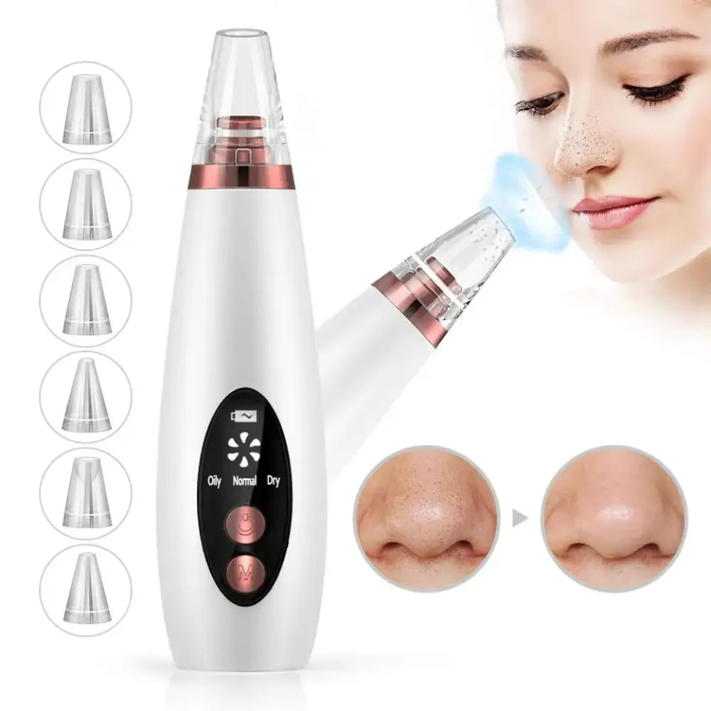 Woman using the blackhead remover dermasuction machine on her nose to remove impurities and clean pores.