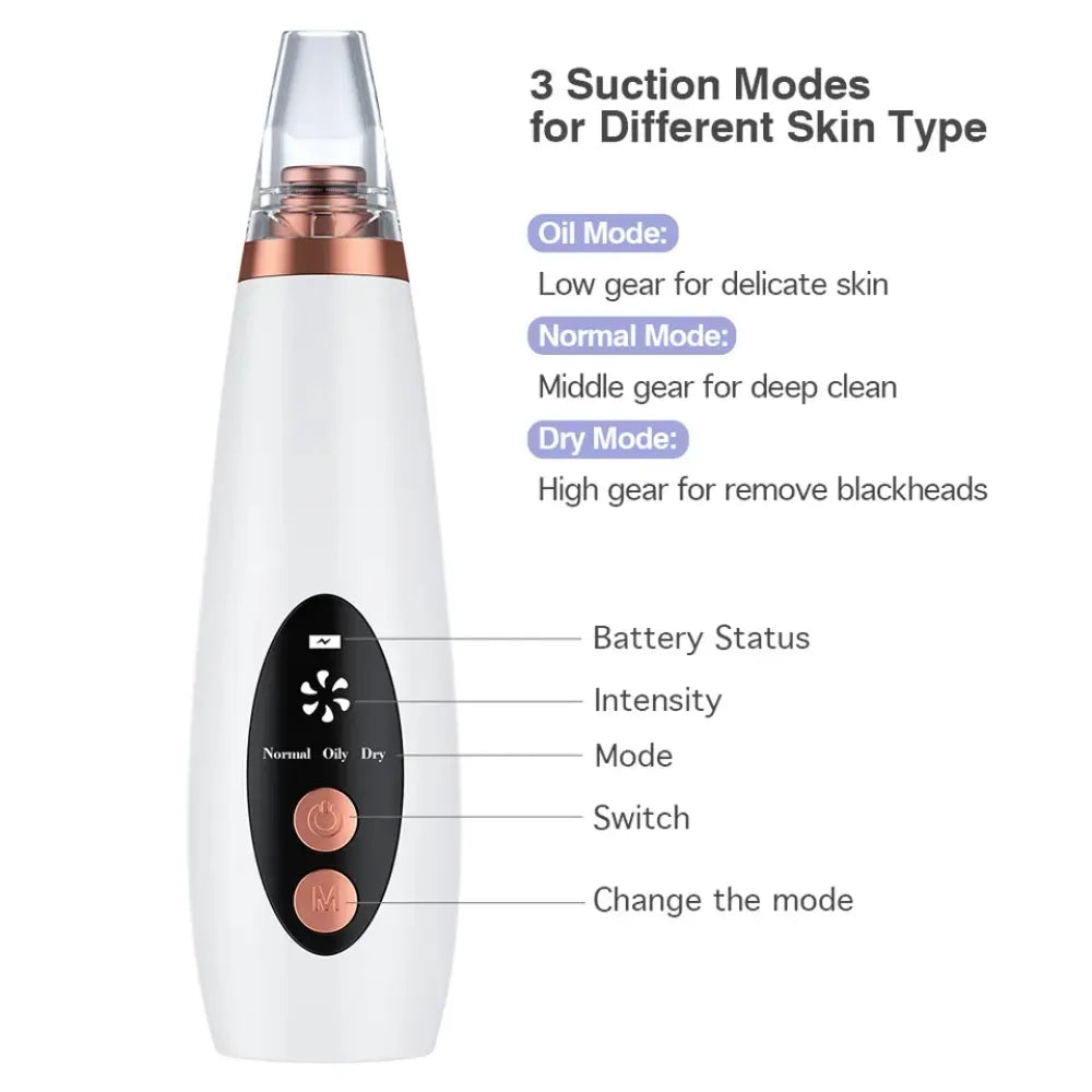 Side view of the battery-operated blackhead remover, highlighting its ergonomic design for comfortable, easy use.