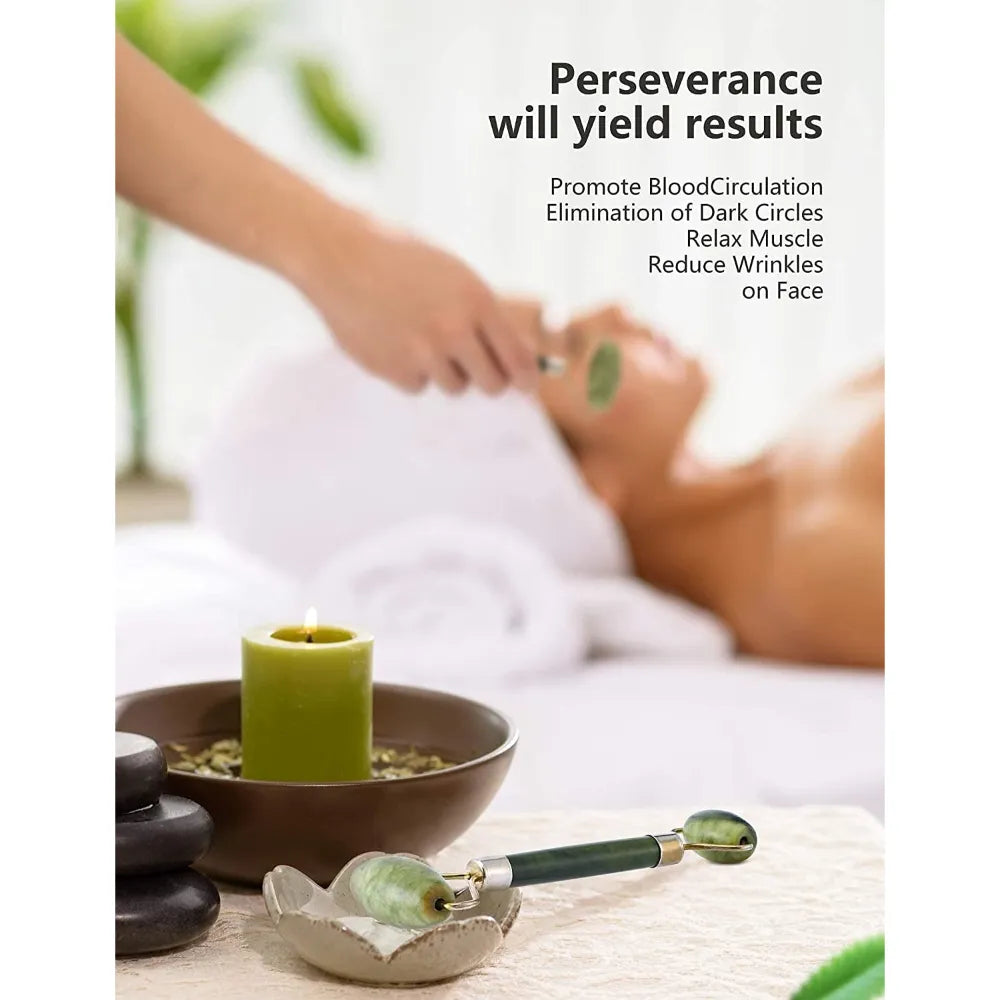 Close-up of the green aventurine jade roller showcasing its smooth texture and cooling properties for facial massage.