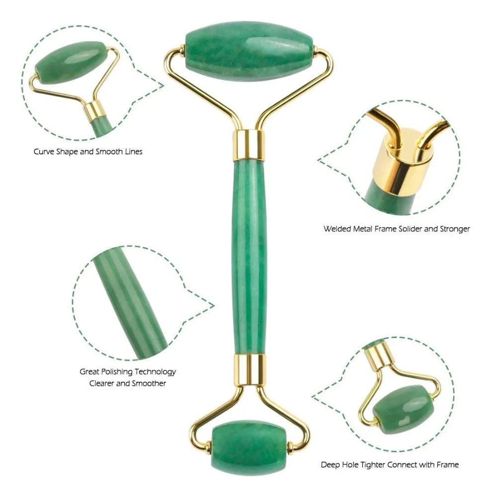 Jade aventurine roller resting on a clean surface, highlighting its premium quality and natural jade stone.