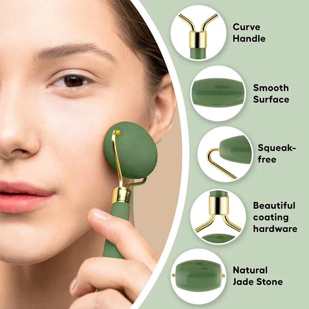 Jade roller with dual ends for comprehensive face care—larger side for the face and smaller side for the under-eye area.
