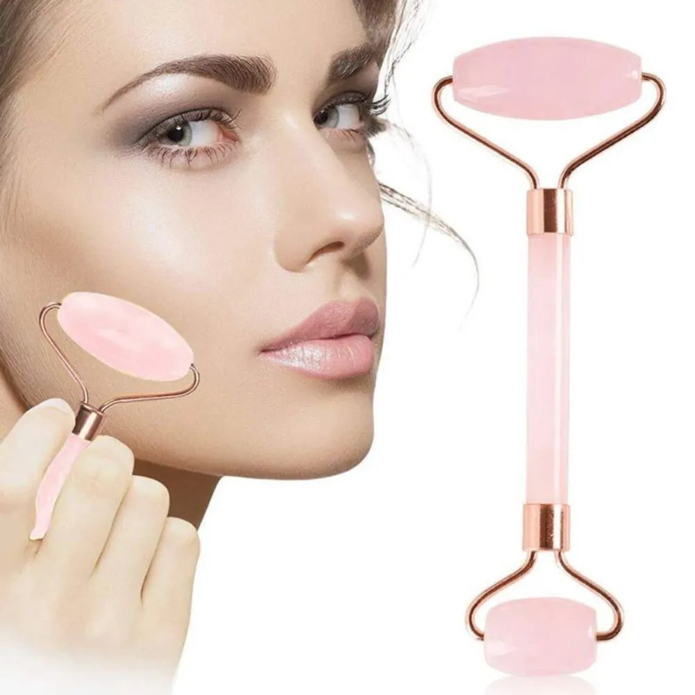 Close-up of the pink rose quartz jade roller, showcasing its natural, smooth surface for effective facial massage.