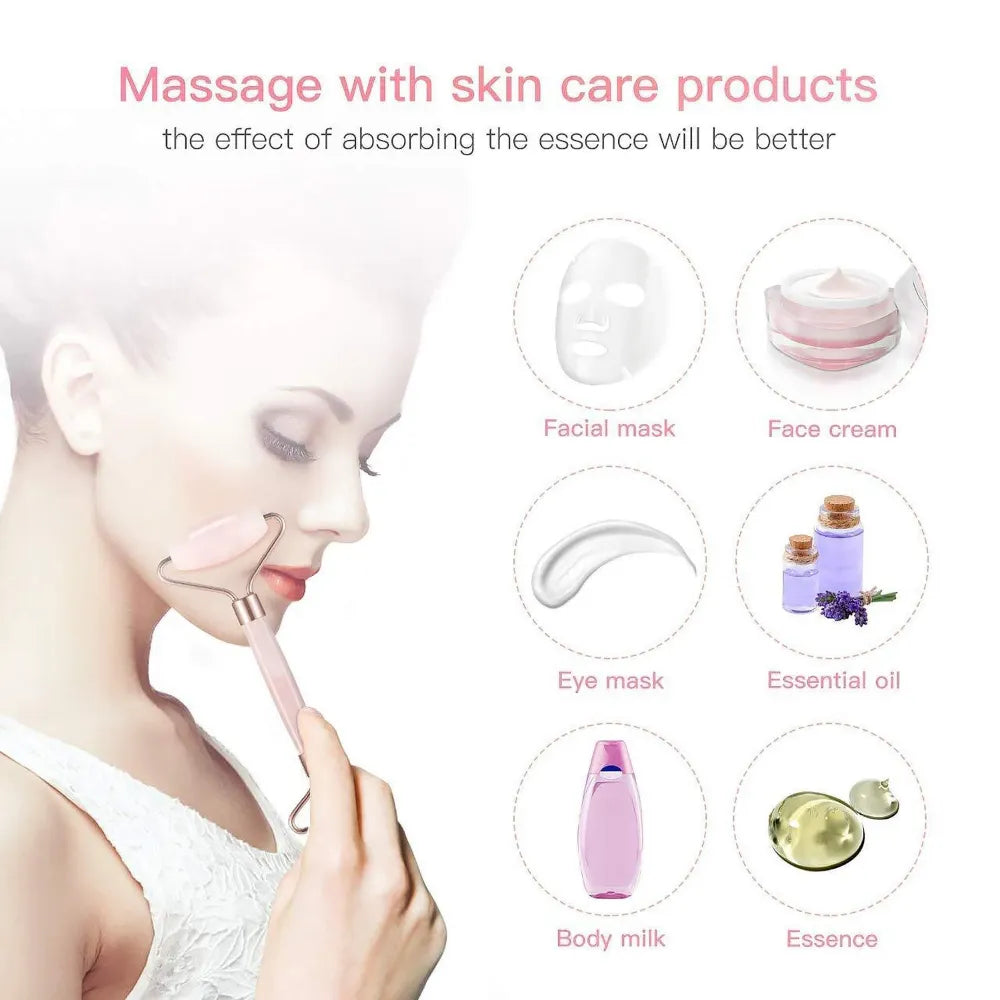 Woman using the rose quartz jade roller on her face for a soothing, relaxing massage that promotes blood circulation and elasticity.