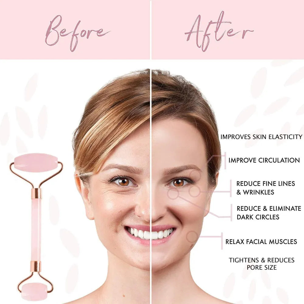 Side view of the rose quartz jade roller with dual-ended design—larger side for the face and smaller side for the under-eye area.