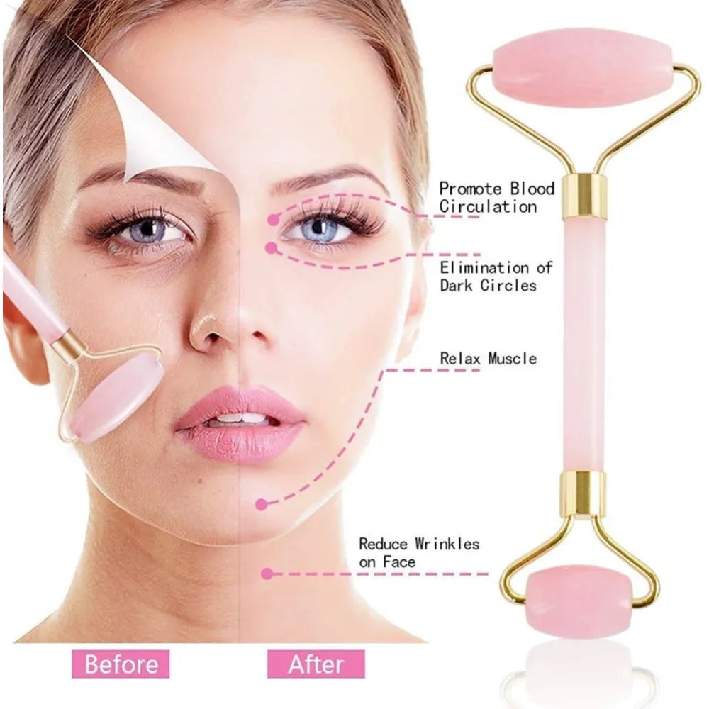 The rose quartz jade roller gently massaging the face, offering a cooling effect to reduce swelling and improve skin texture.