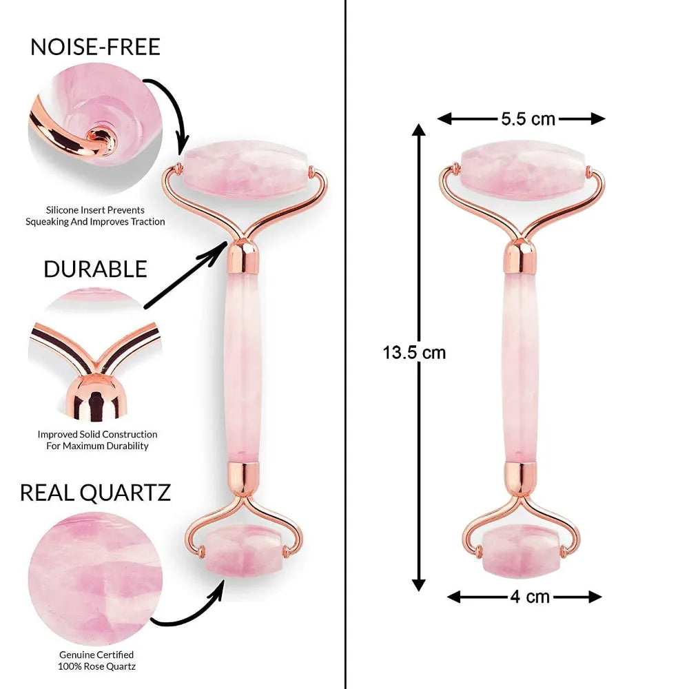 Close-up of the rose quartz roller with ergonomic handle, providing comfort during facial care routines.