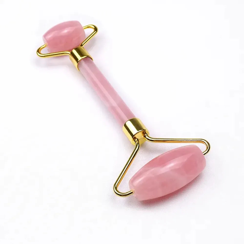 Full set of the Pure Stone Natural Rose Quartz Jade Roller with a velvet pouch for safe storage and easy portability.