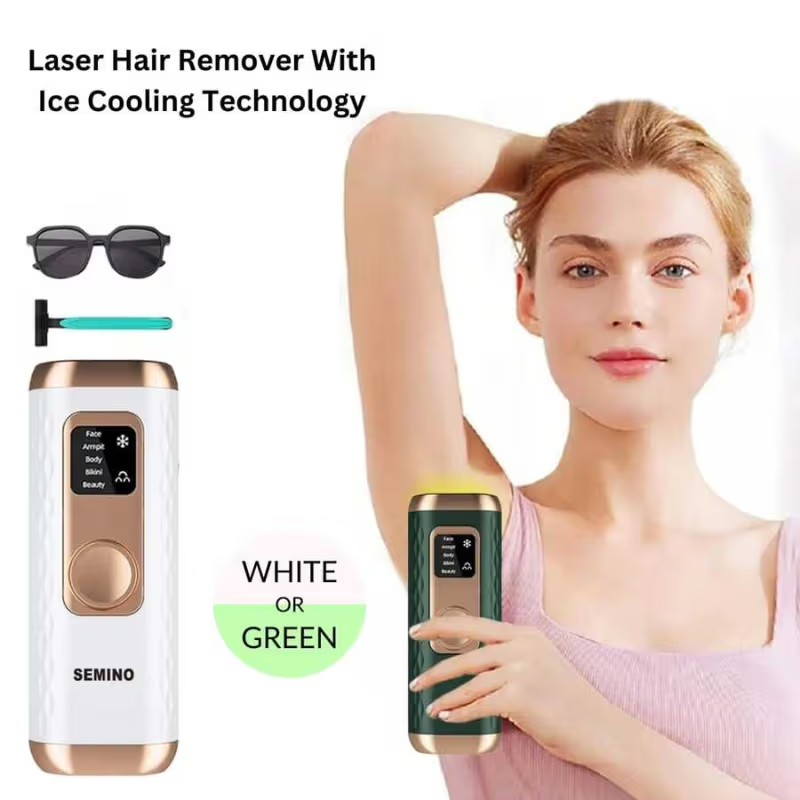 SEMINO advanced laser hair removal device in green, offering effective hair reduction with advanced cooling protection for sensitive skin.