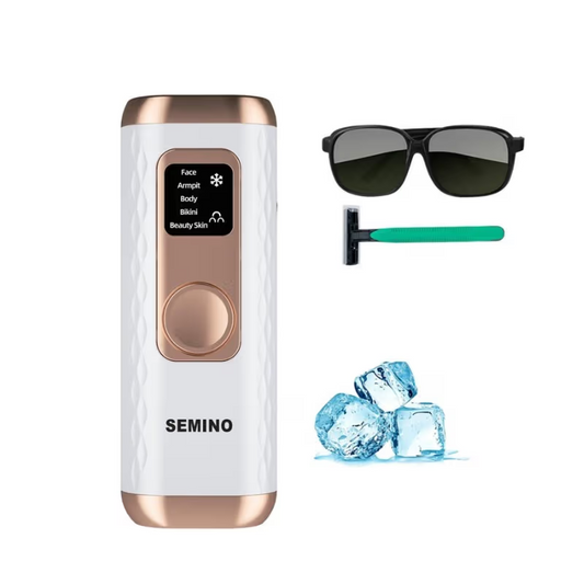 Woman using the SEMINO laser hair removal device on her legs for smooth, hair-free skin with minimal discomfort.