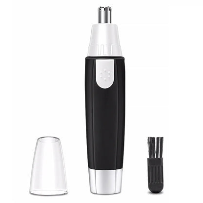 Battery-operated nose and ear hair trimmer with sleek, ergonomic design for precise grooming.