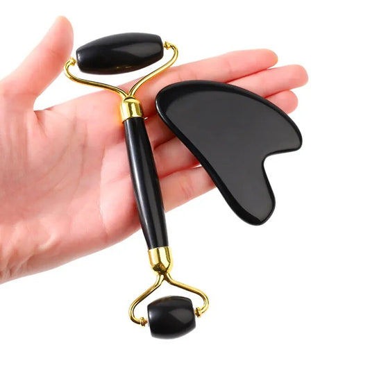 Black Obsidian Face Roller with Gua Sha Stone – Natural Skincare Tool for Detox, Anti-Aging, and Glowing Skin