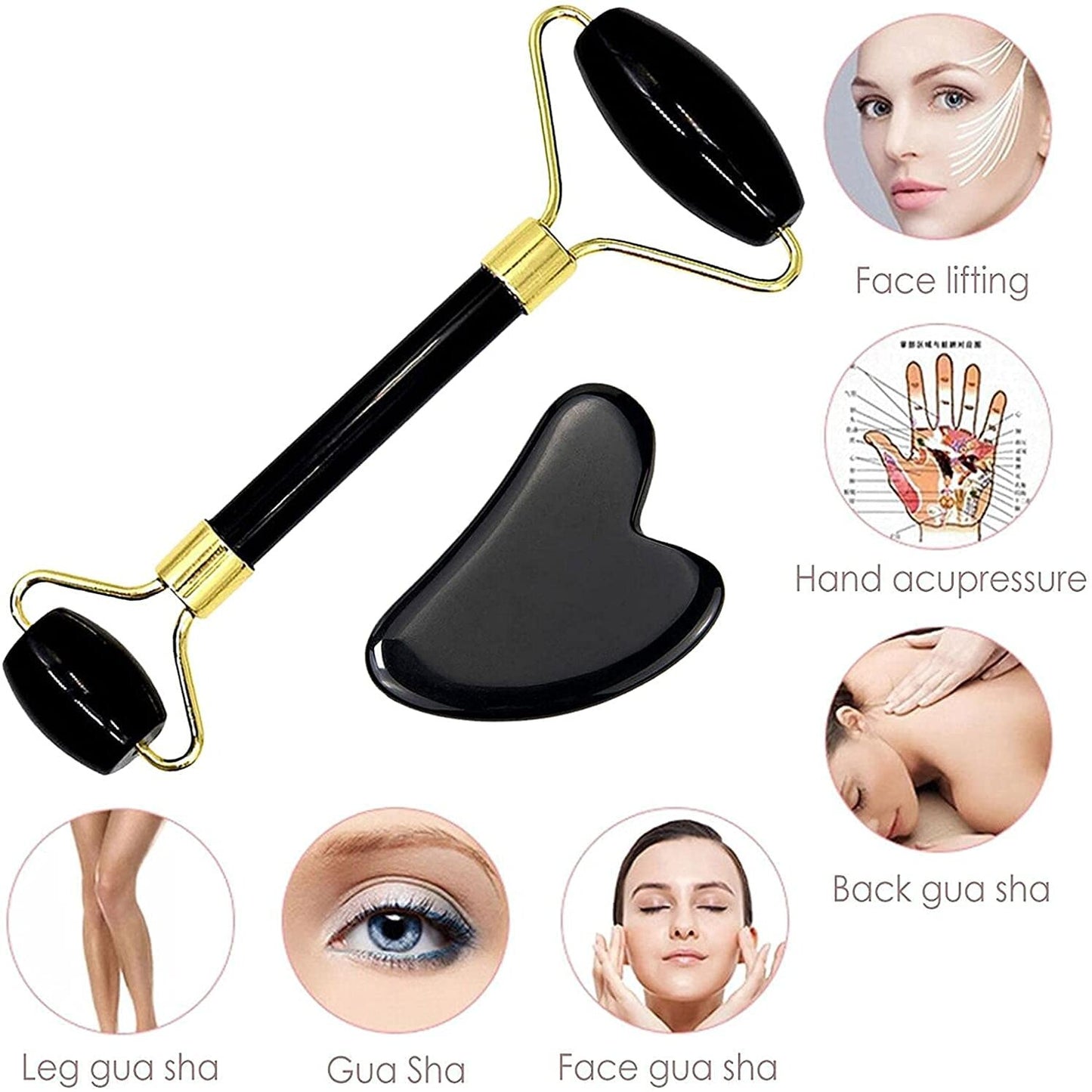 Black Obsidian Roller and Gua Sha Stone Set – Perfect for Facial Massage, Lymphatic Drainage, and Relaxation