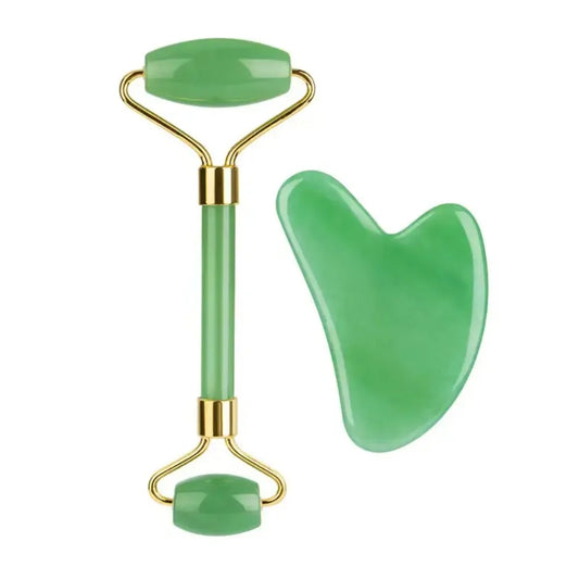 Pure Jade Roller & Gua Sha Set designed to enhance facial circulation, reduce puffiness, and promote skin rejuvenation with natural jade.