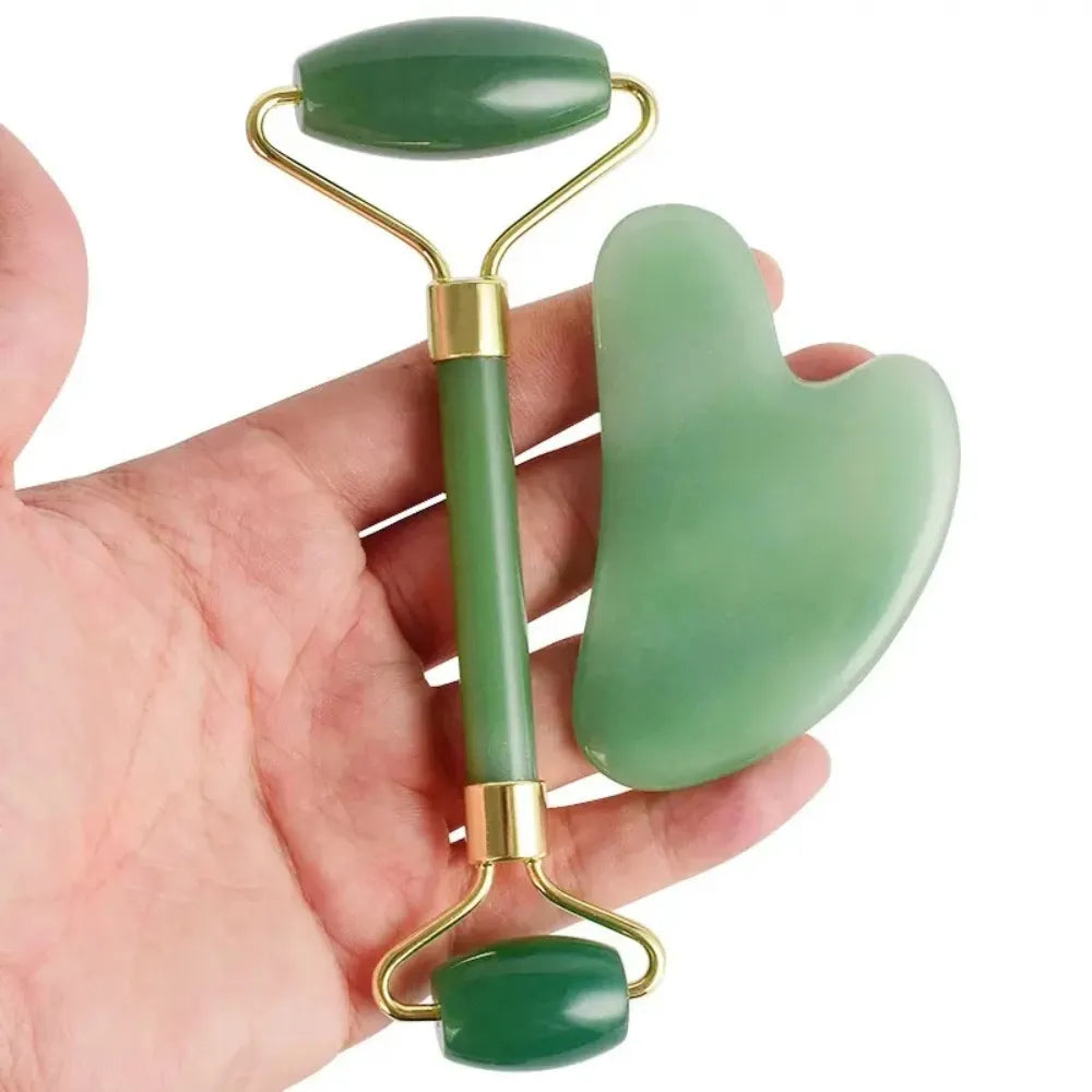 Woman using the jade roller on her face for a relaxing massage that promotes lymphatic drainage and glowing skin.