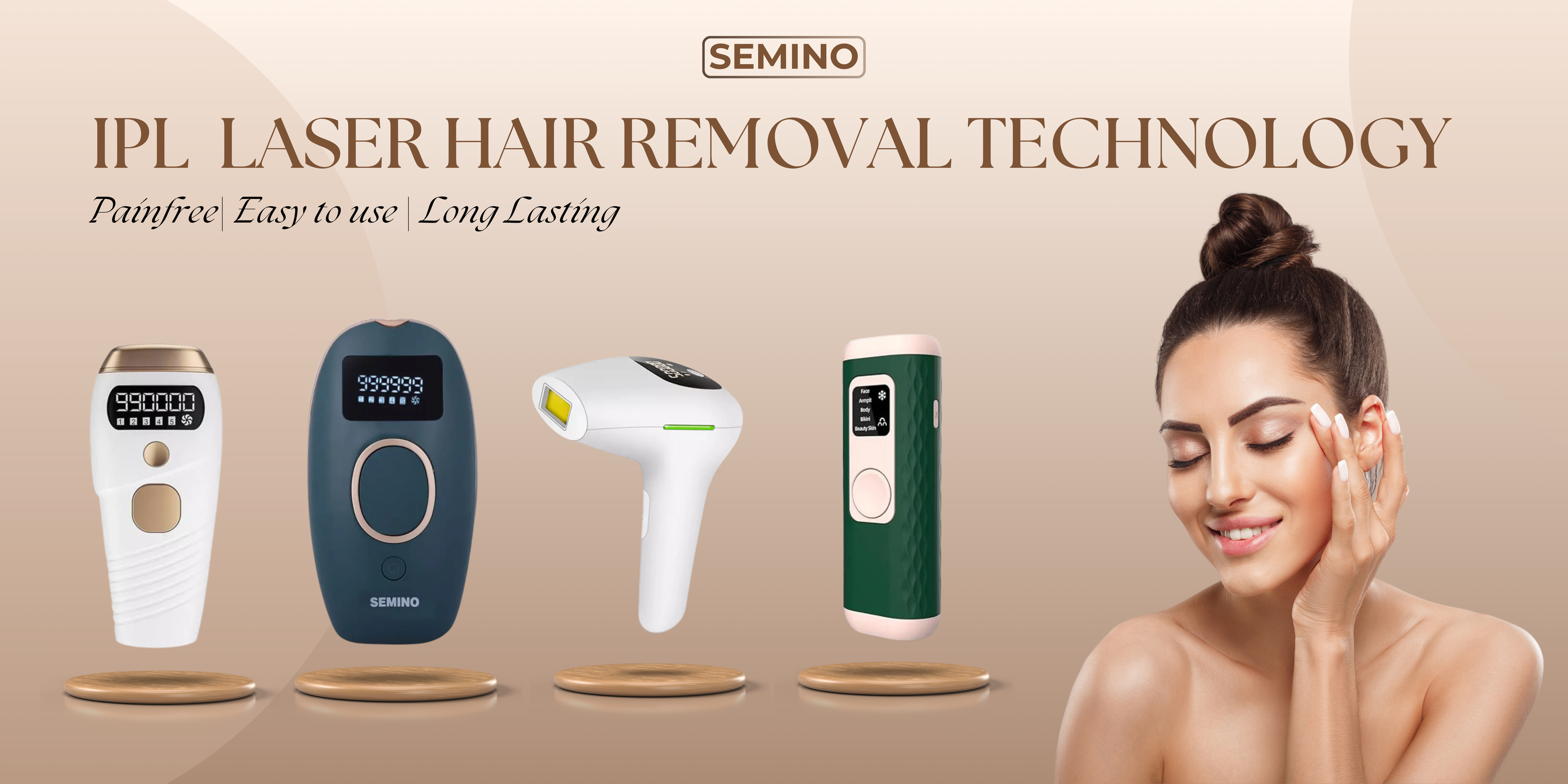 Semino IPL laser hair removal devices displayed with a smiling woman, highlighting pain-free, easy-to-use, and long-lasting results