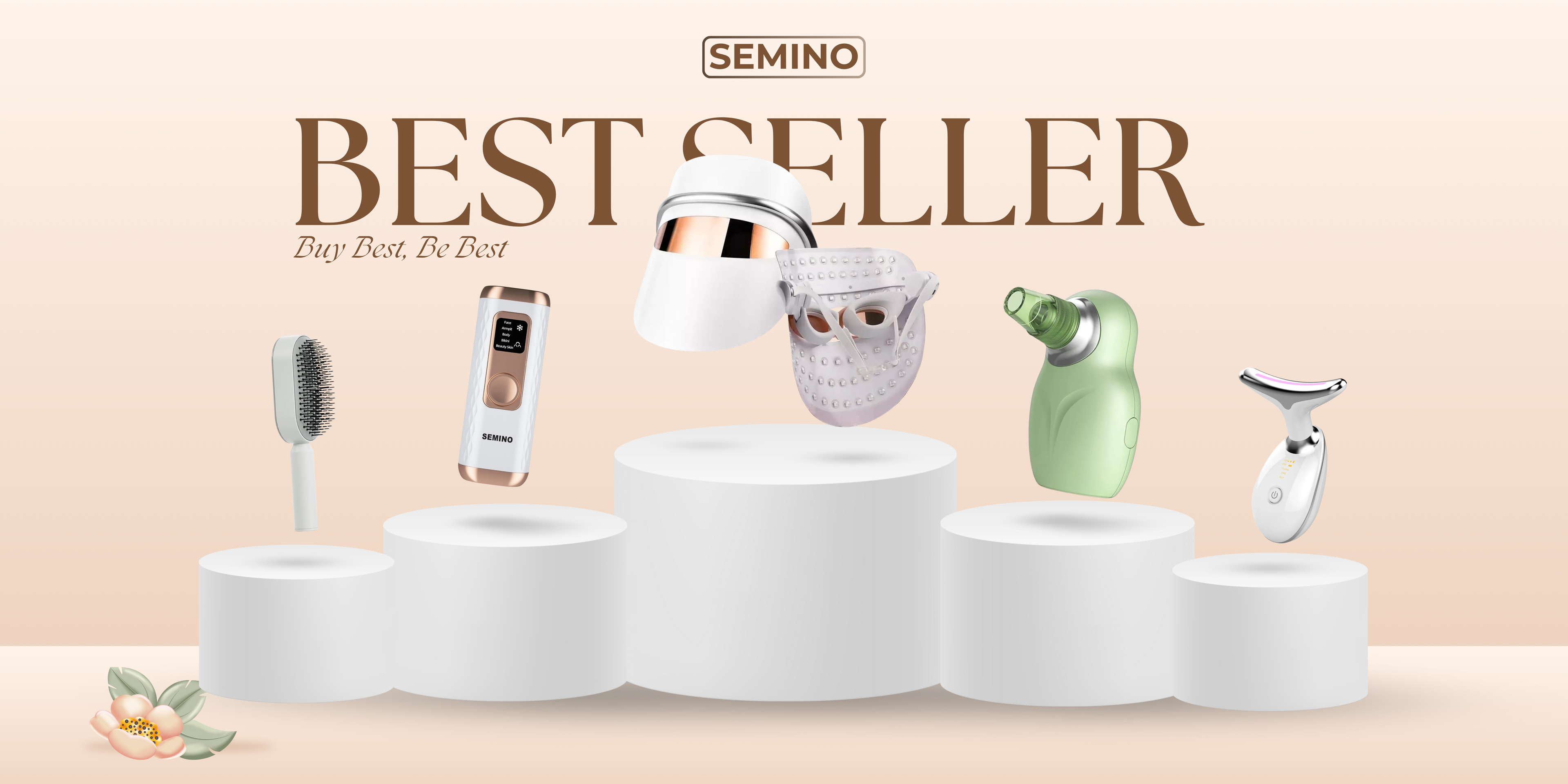 Semino best seller beauty devices including LED masks, IPL handset, face massager, and pore cleaner on product display podium