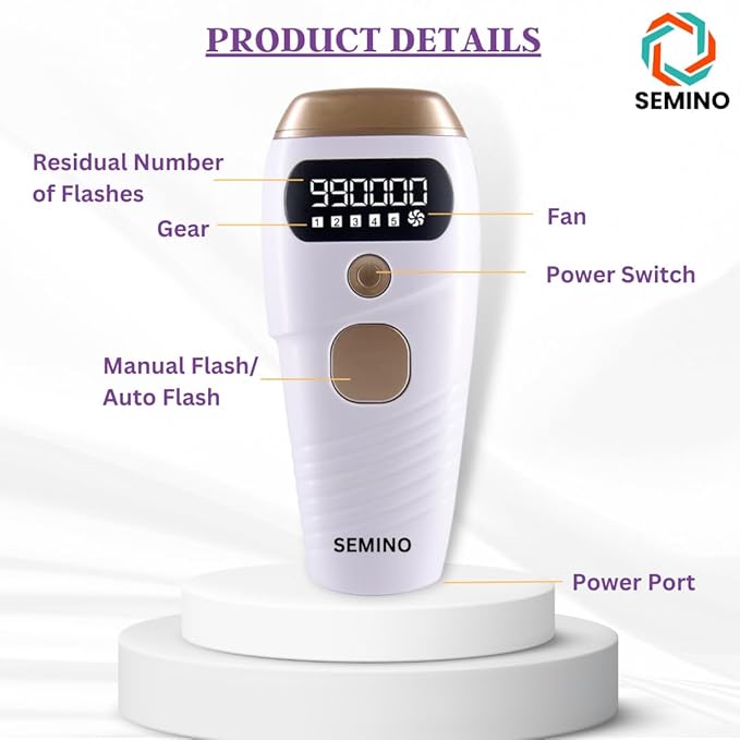 Semino product image showing residual flashes, gear, manual/auto flash, fan, and power switch.