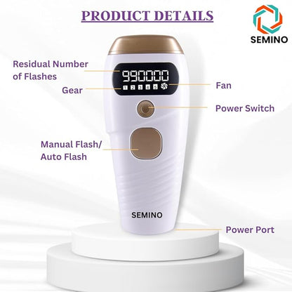 Semino product image showing residual flashes, gear, manual/auto flash, fan, and power switch.